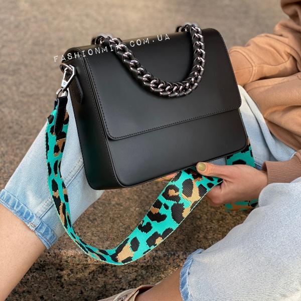 Сумка женская кожаная черная c эксклюзивным текстильным ремнем FM0798T